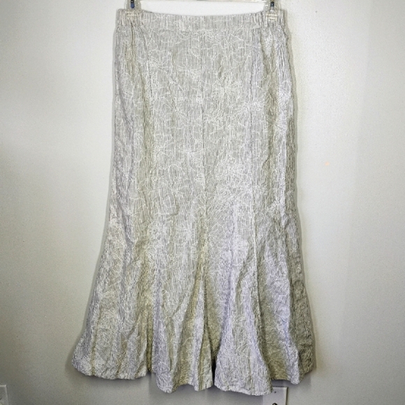SOLD Flax Linen Maxi Skirt Womens Medium White Gray Striped Floral Embroidered - Picture 1 of 11